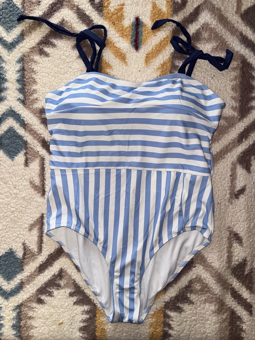 Striped Light Blue & White One-Piece Swimsuit with Navy Ties